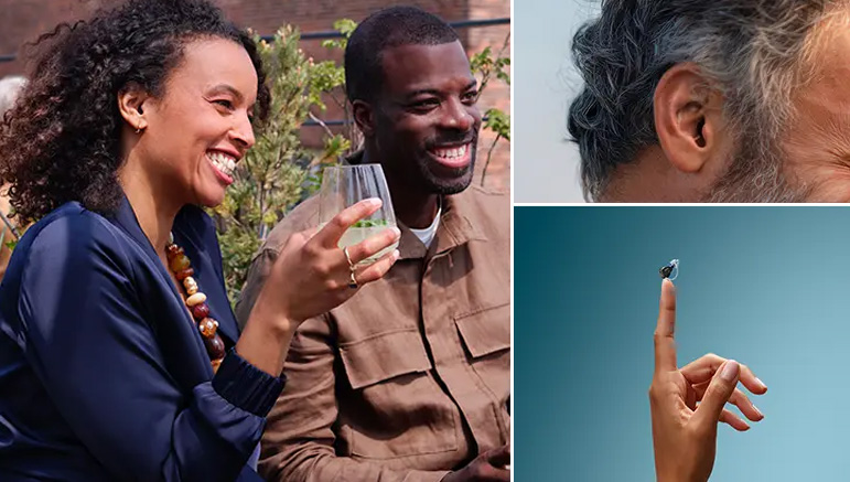 People enjoying conversation, with the discreet Oticon Zeal hearing aid shown in the ear and on a fingertip